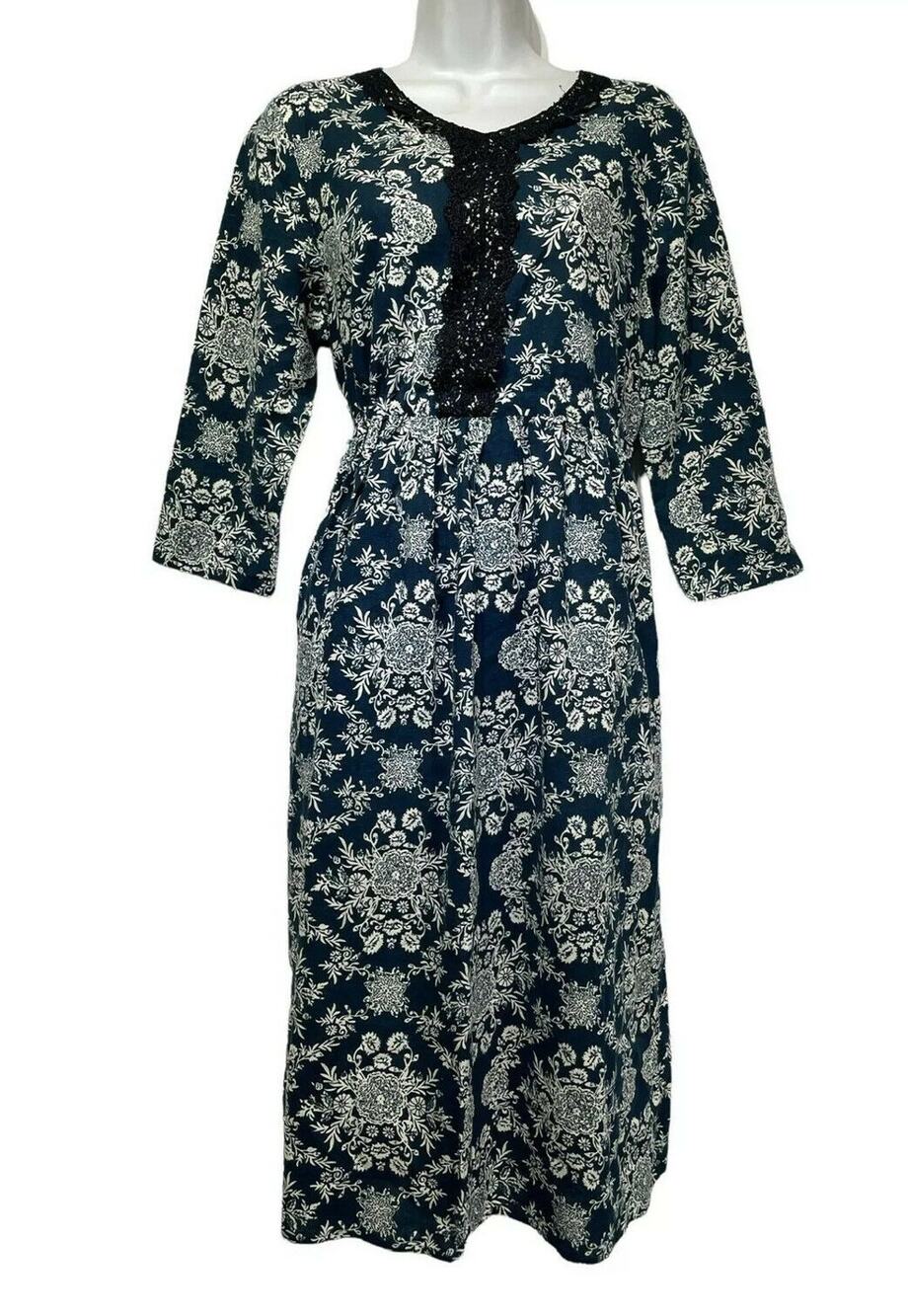 buykud blue floral long sleeve lagenlook kurta drawstring waist pockets dress M
